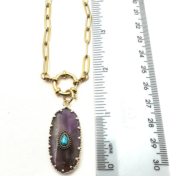 Amethyst Turquoise Gemstone Pendant Necklace 18K Gold Plated Chain 17 Inch - Picture 6 of 9